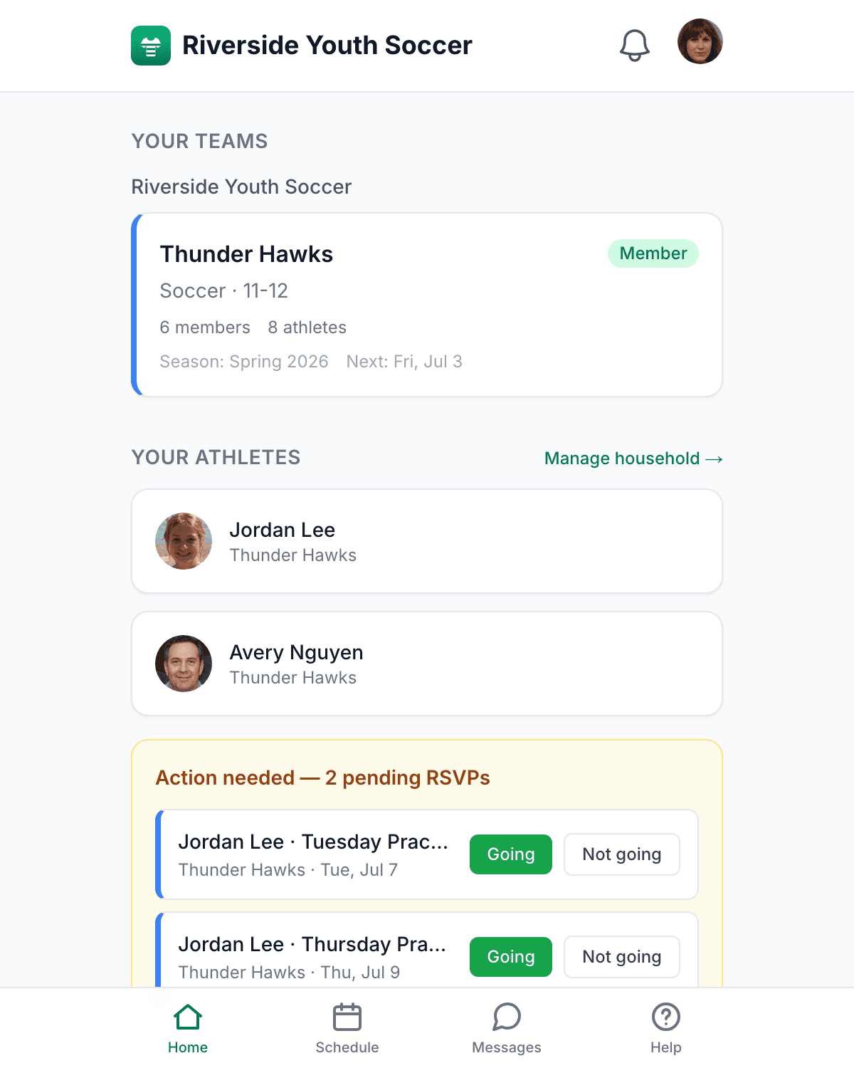 A parent managing multiple kids' teams in the CoachRoost youth sports app for parents